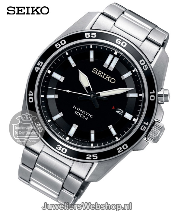 optioneel spons Wasserette Seiko Kinetic heren horloge SKA785P1 staal met zwarte wijzerplaat